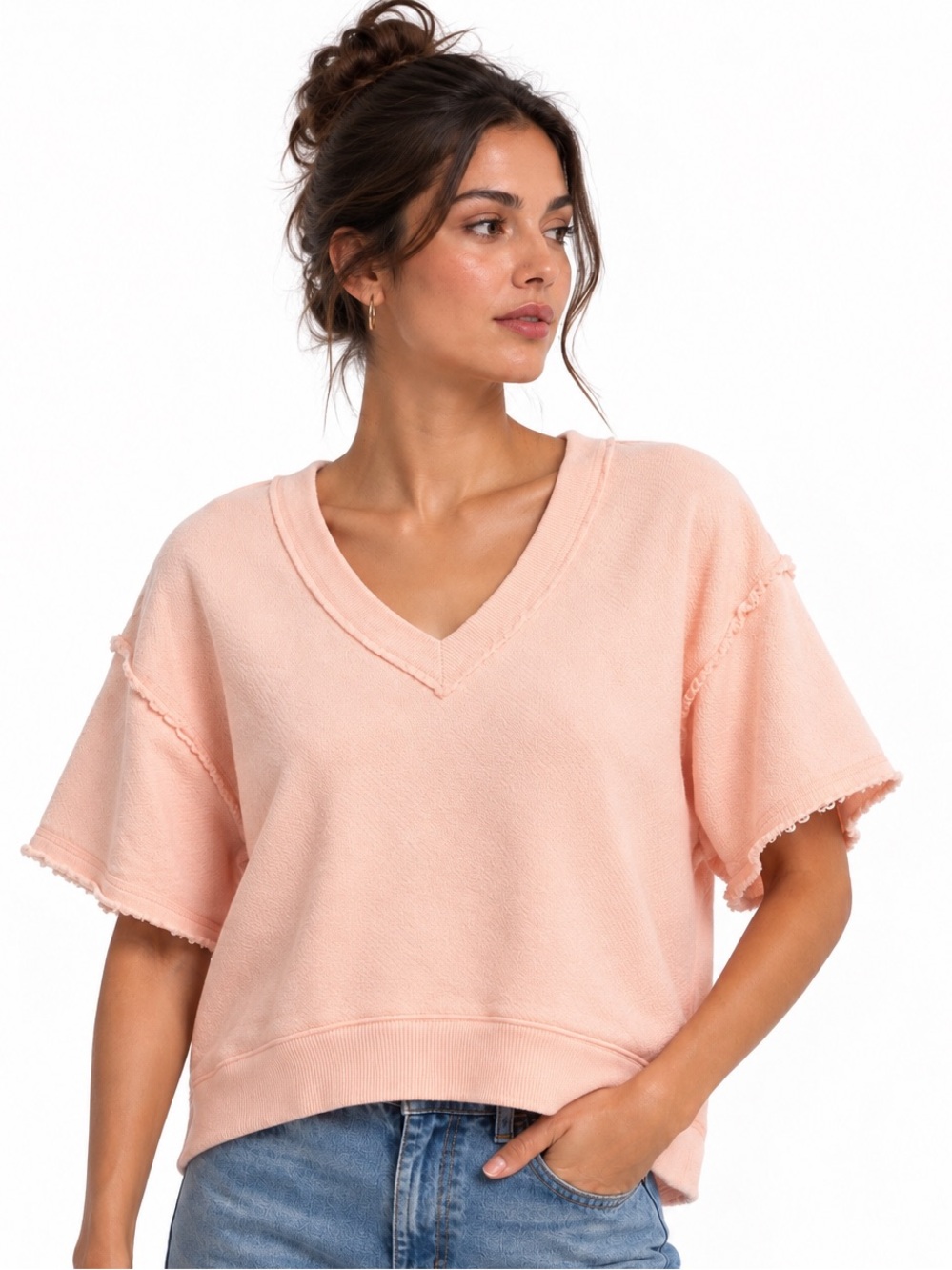 Free People We The Free So Easy Peach V Neck Sweatshirt Top S